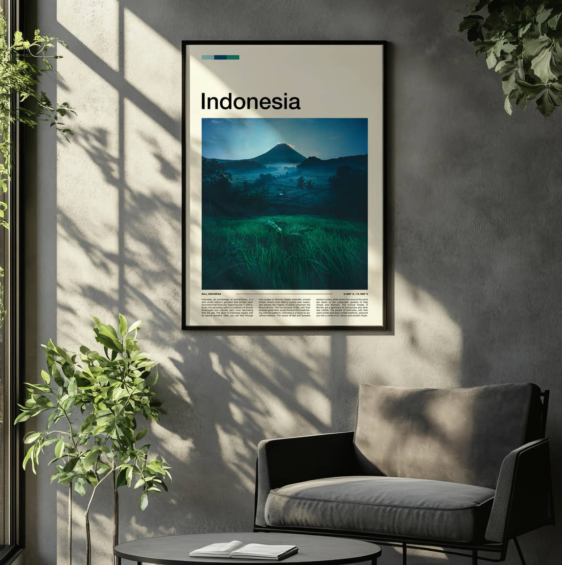 Indonesia Volcano At Dusk Travel Print framed on the wall of a relaxed living room