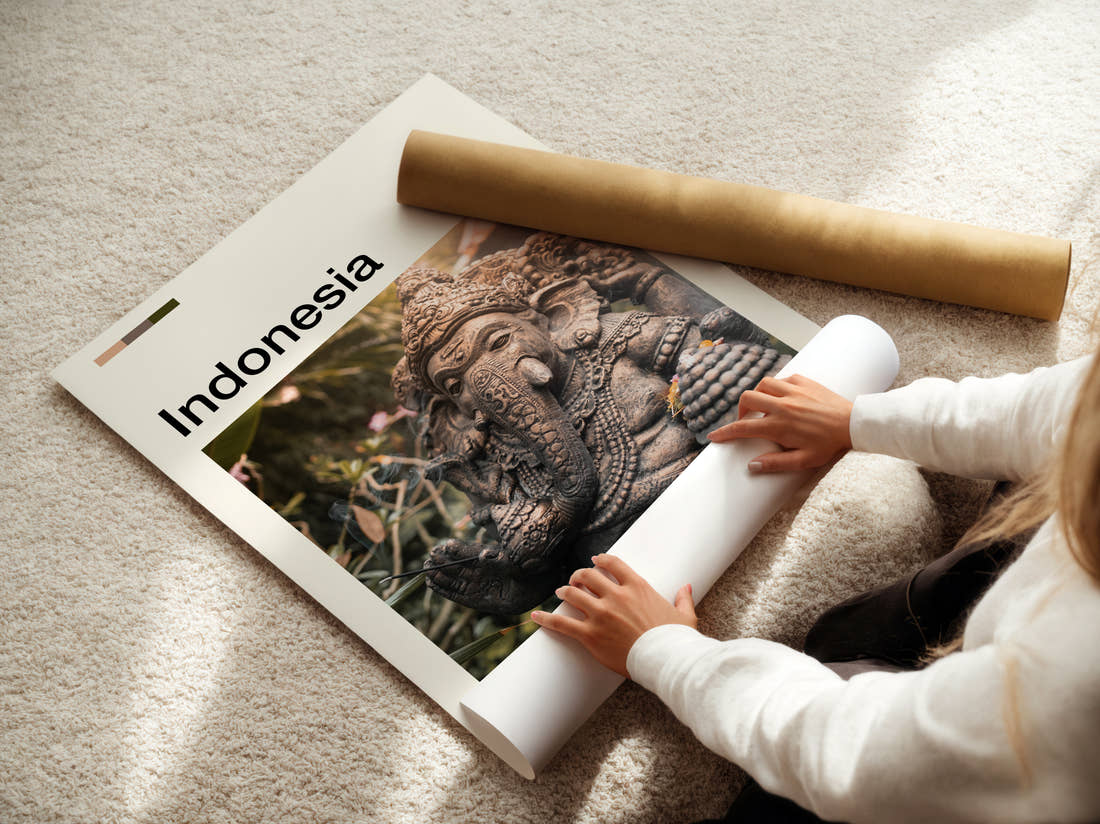 Indonesia Ganesha Statue Travel Print being unrolled from its postal tube