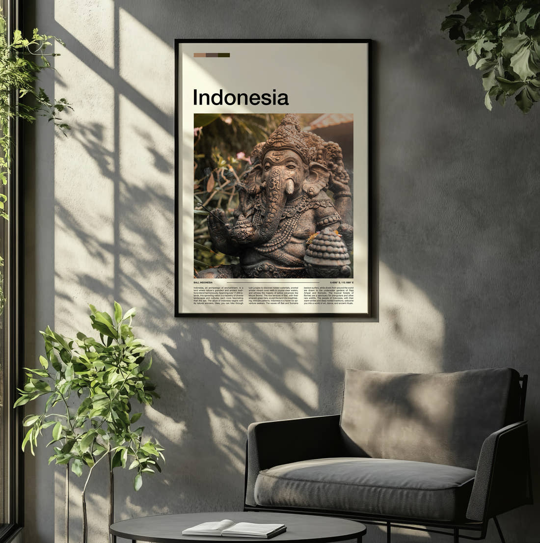 Indonesia Ganesha Statue Travel Print framed on the wall of a relaxed living room