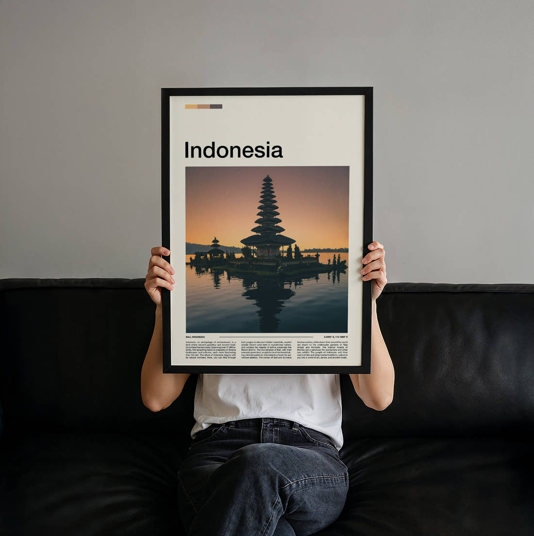 Indonesia Ulun Danu Temple Travel Print held up by hand to show the size of the print