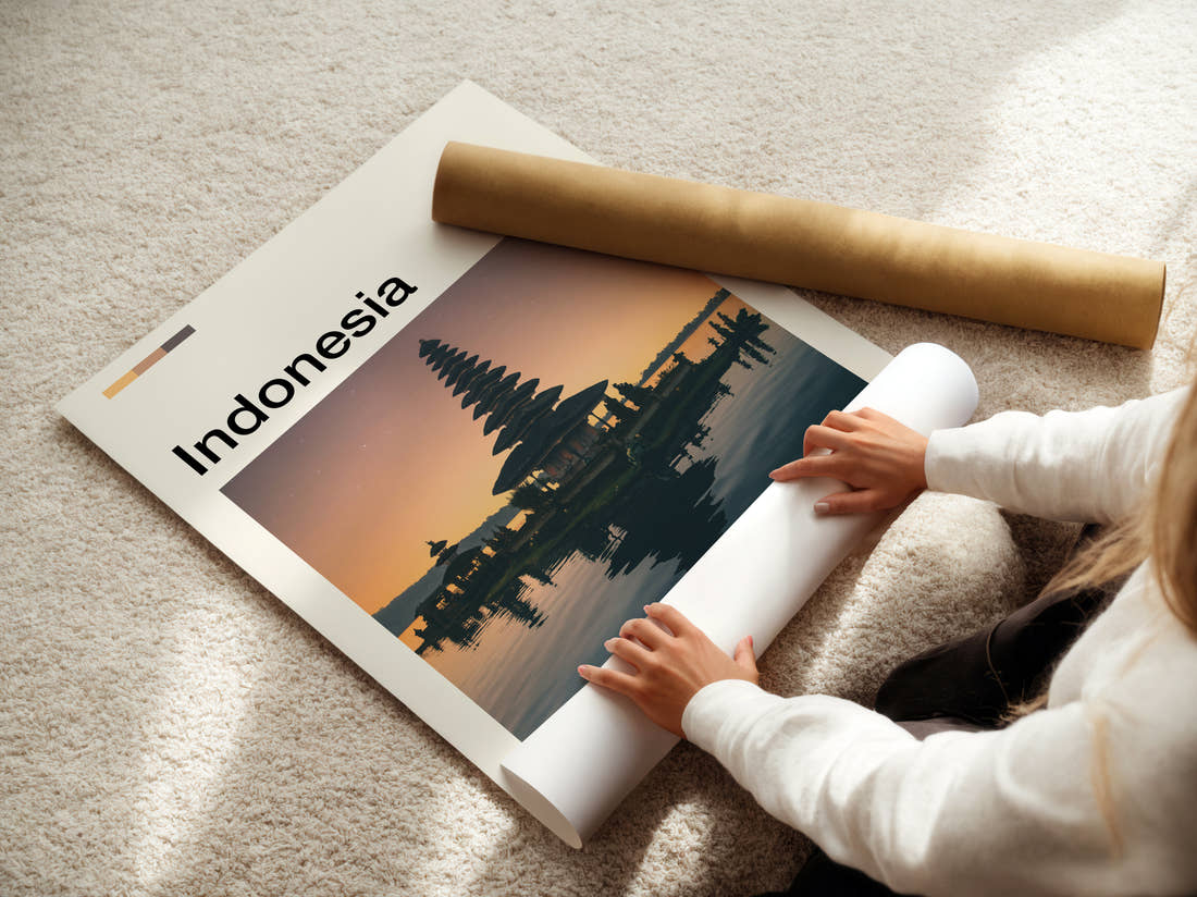 Indonesia Ulun Danu Temple Travel Print being unrolled from its postal tube