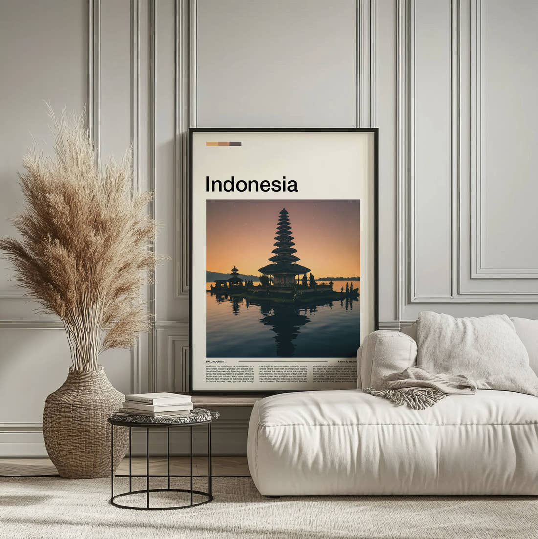 Indonesia Ulun Danu Temple Travel Print framed on the wall of a calm, neutral bedroom