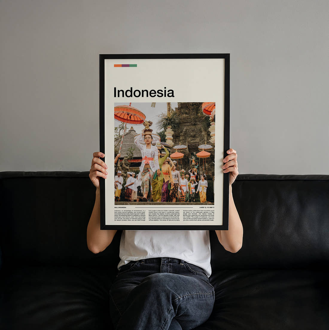 Indonesia Traditional Dress Ceremony Travel Print held up by hand to show the size of the print