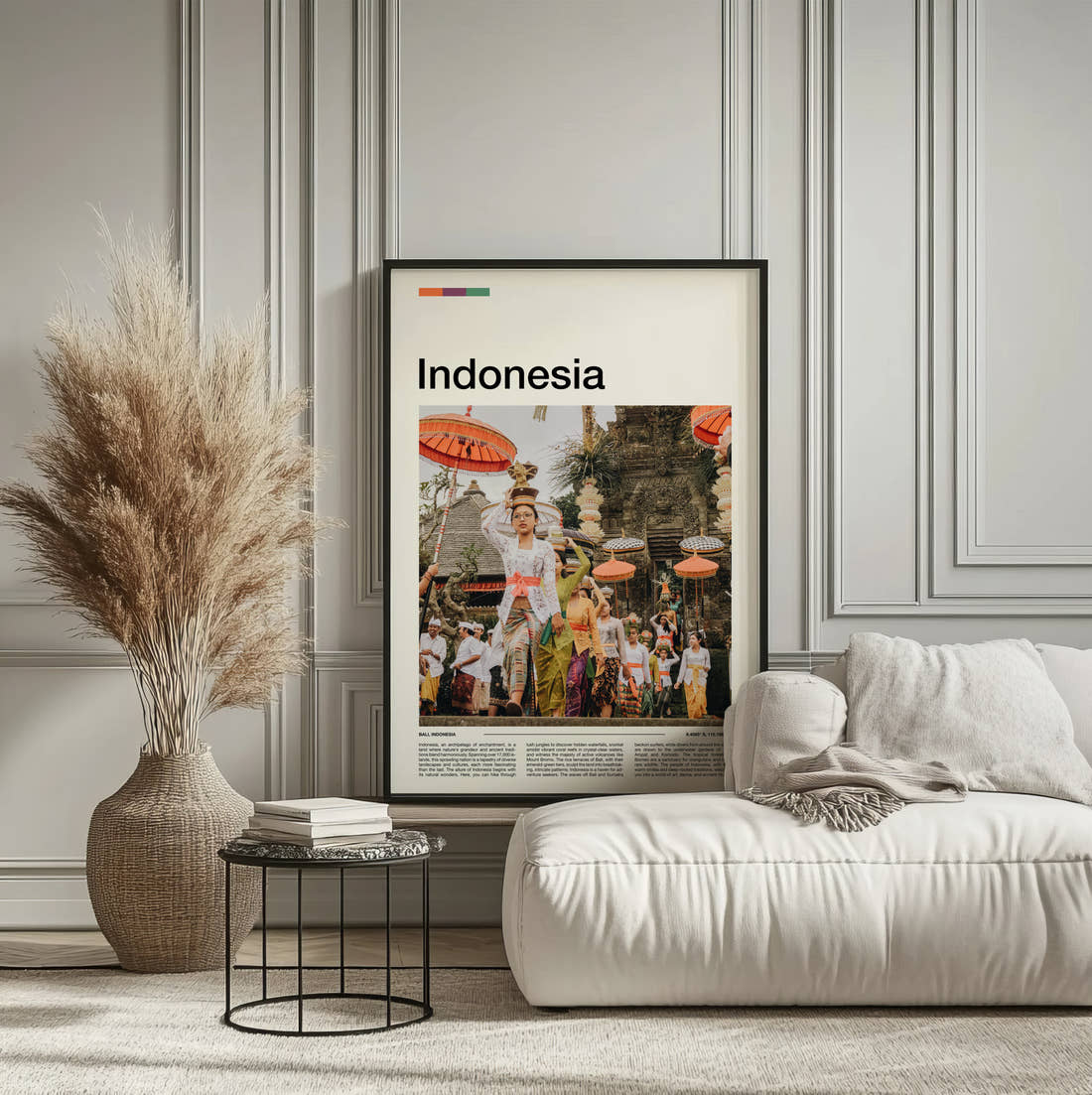 Indonesia Traditional Dress Ceremony Travel Print framed on the wall of a calm, neutral bedroom