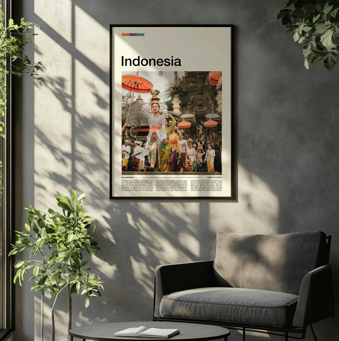 Indonesia Traditional Dress Ceremony Travel Print framed on the wall of a relaxed living room