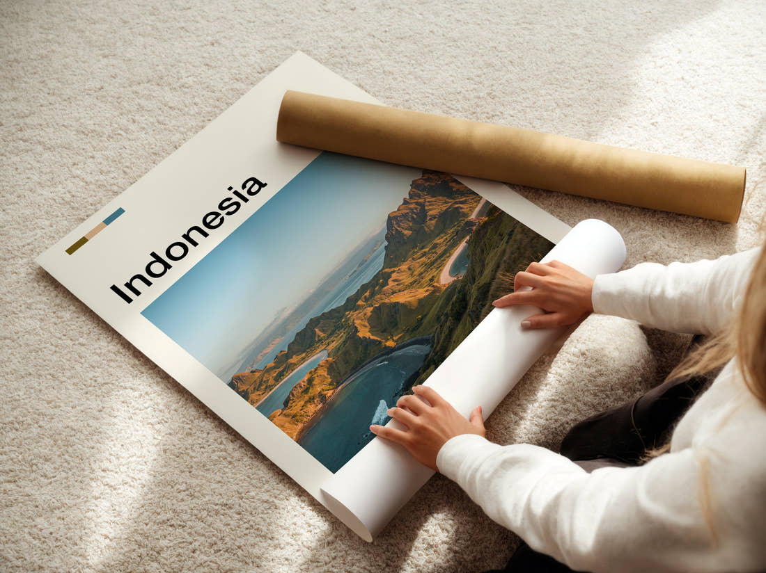 Indonesia Padar Island Travel Print being unrolled from its postal tube