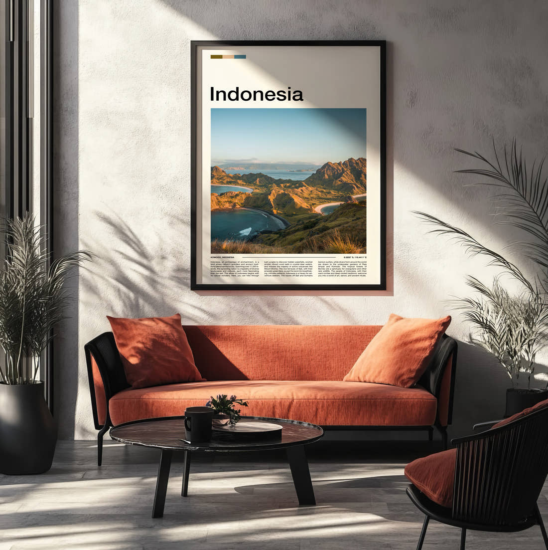 Indonesia Padar Island Travel Print framed on the wall of a modern living room