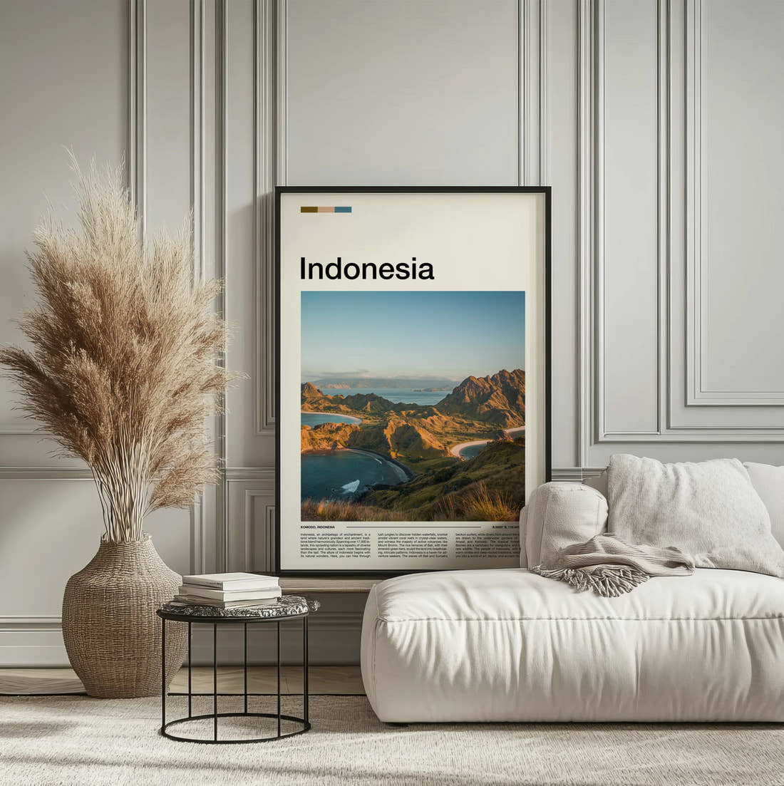Indonesia Padar Island Travel Print framed on the wall of a calm, neutral bedroom