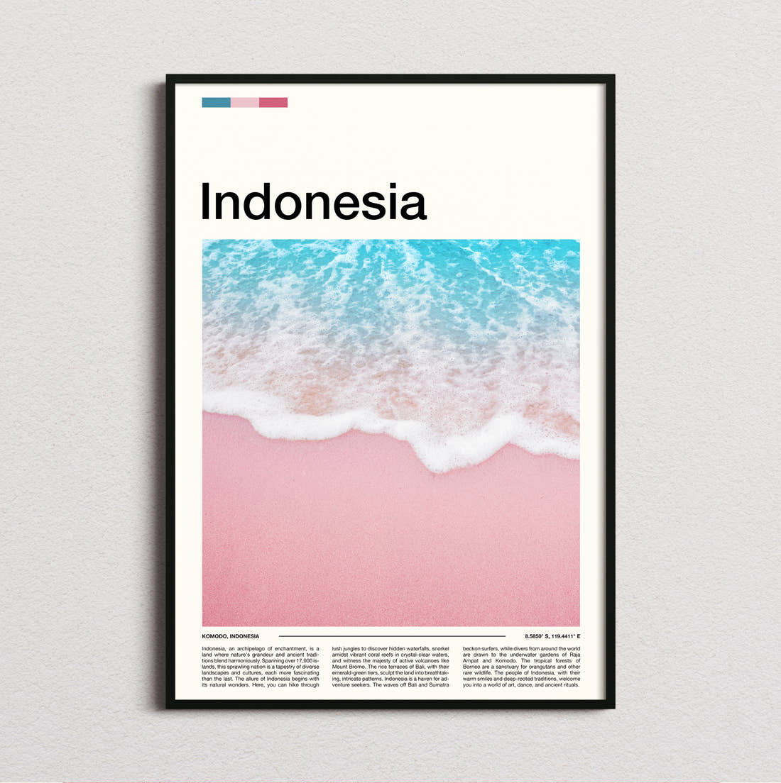 Indonesia Pink Sand Beach Travel Print framed and photographed straight on