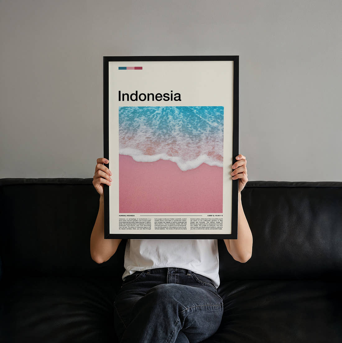Indonesia Pink Sand Beach Travel Print held up by hand to show the size of the print