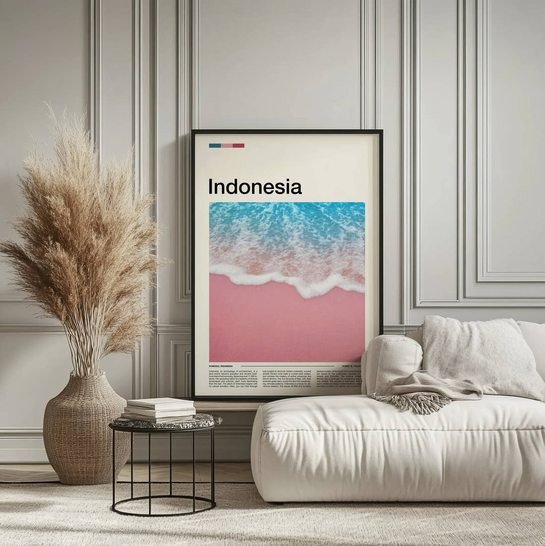 Indonesia Pink Sand Beach Travel Print framed on the wall of a calm, neutral bedroom