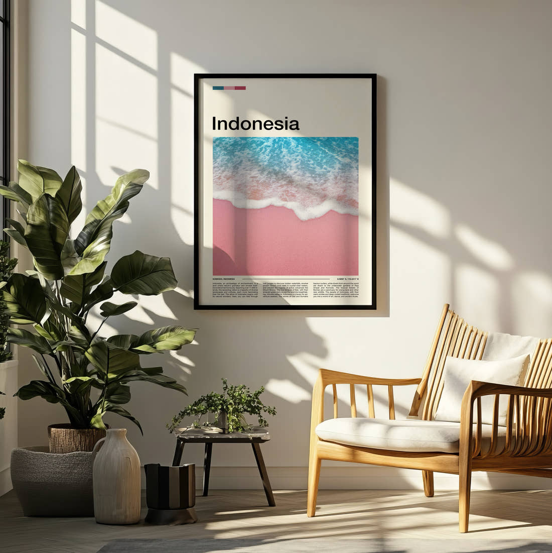 Indonesia Pink Sand Beach Travel Print framed on a pale wall beside houseplants