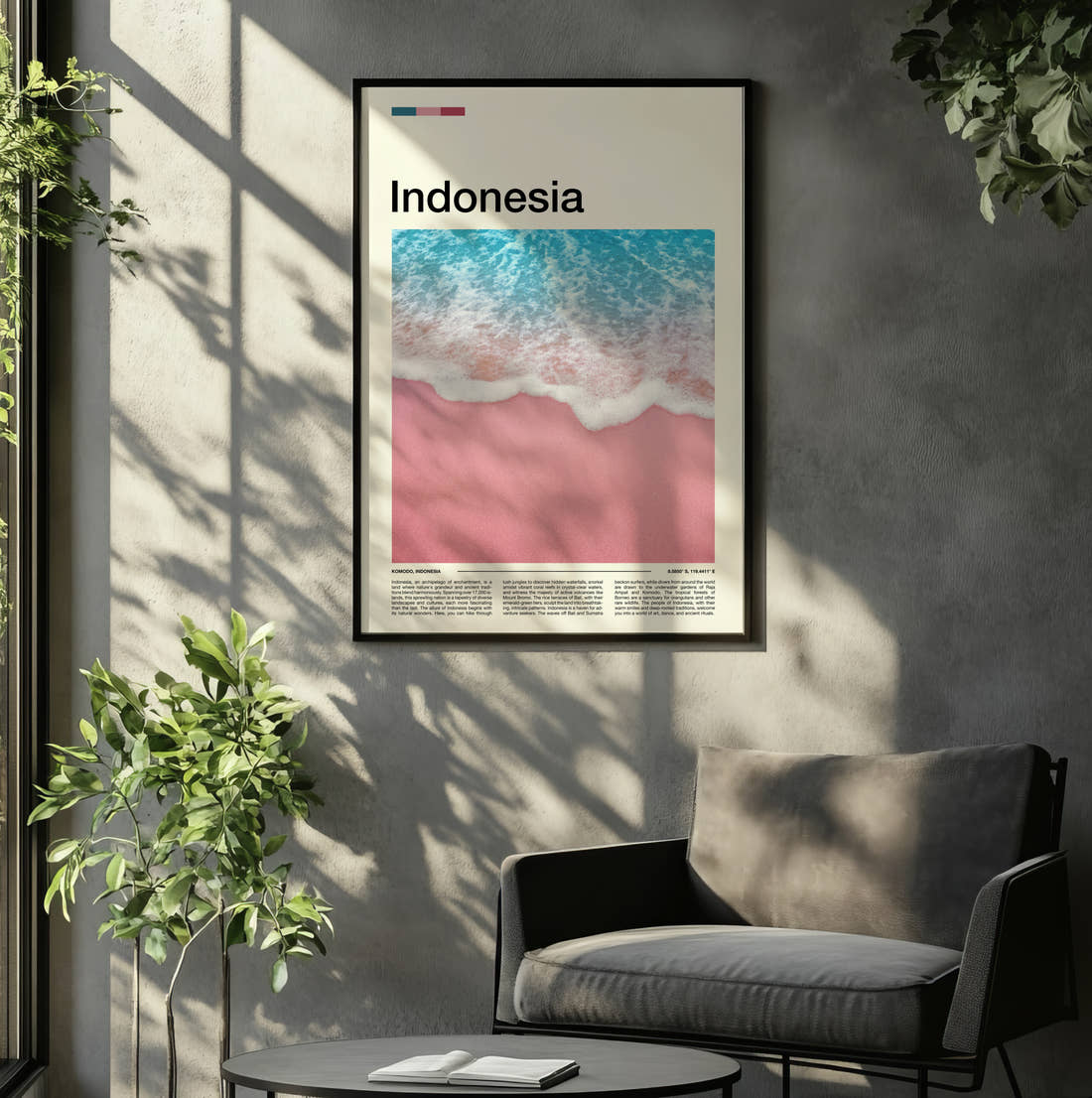Indonesia Pink Sand Beach Travel Print framed on the wall of a relaxed living room