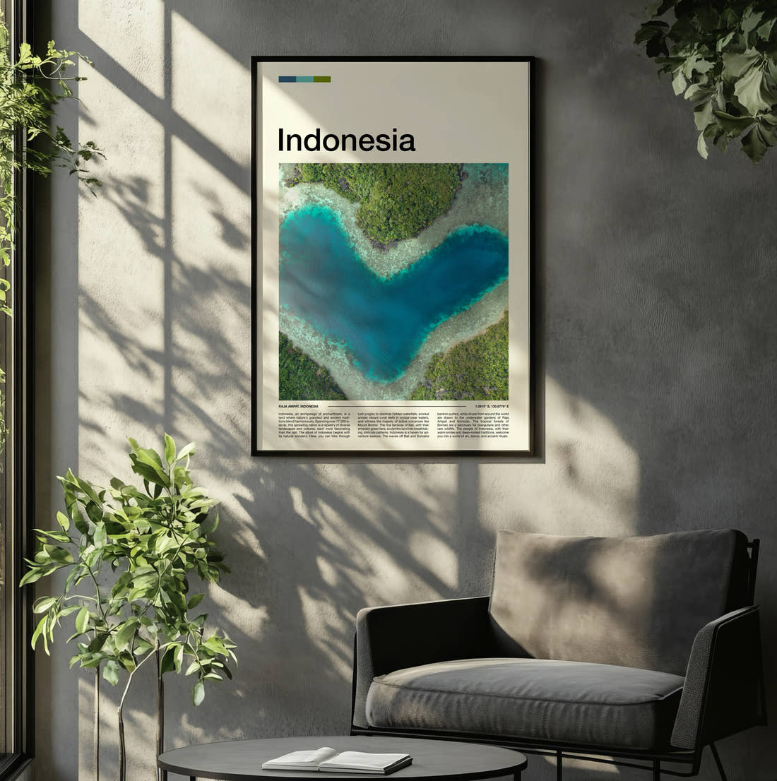 Indonesia Heart Shaped Lagoon Travel Print framed on the wall of a relaxed living room