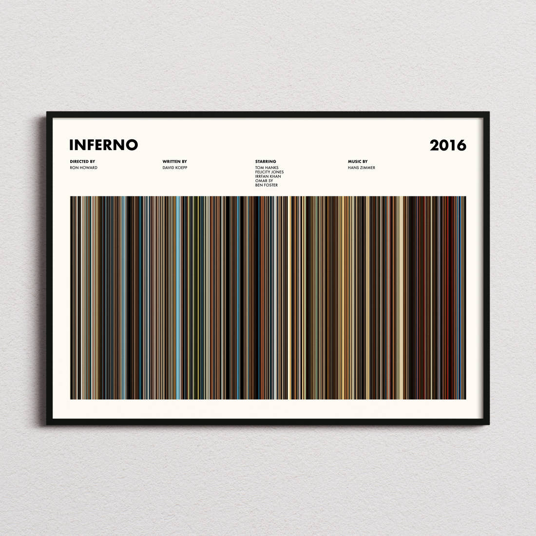 Inferno Movie Barcode Poster framed and photographed straight on