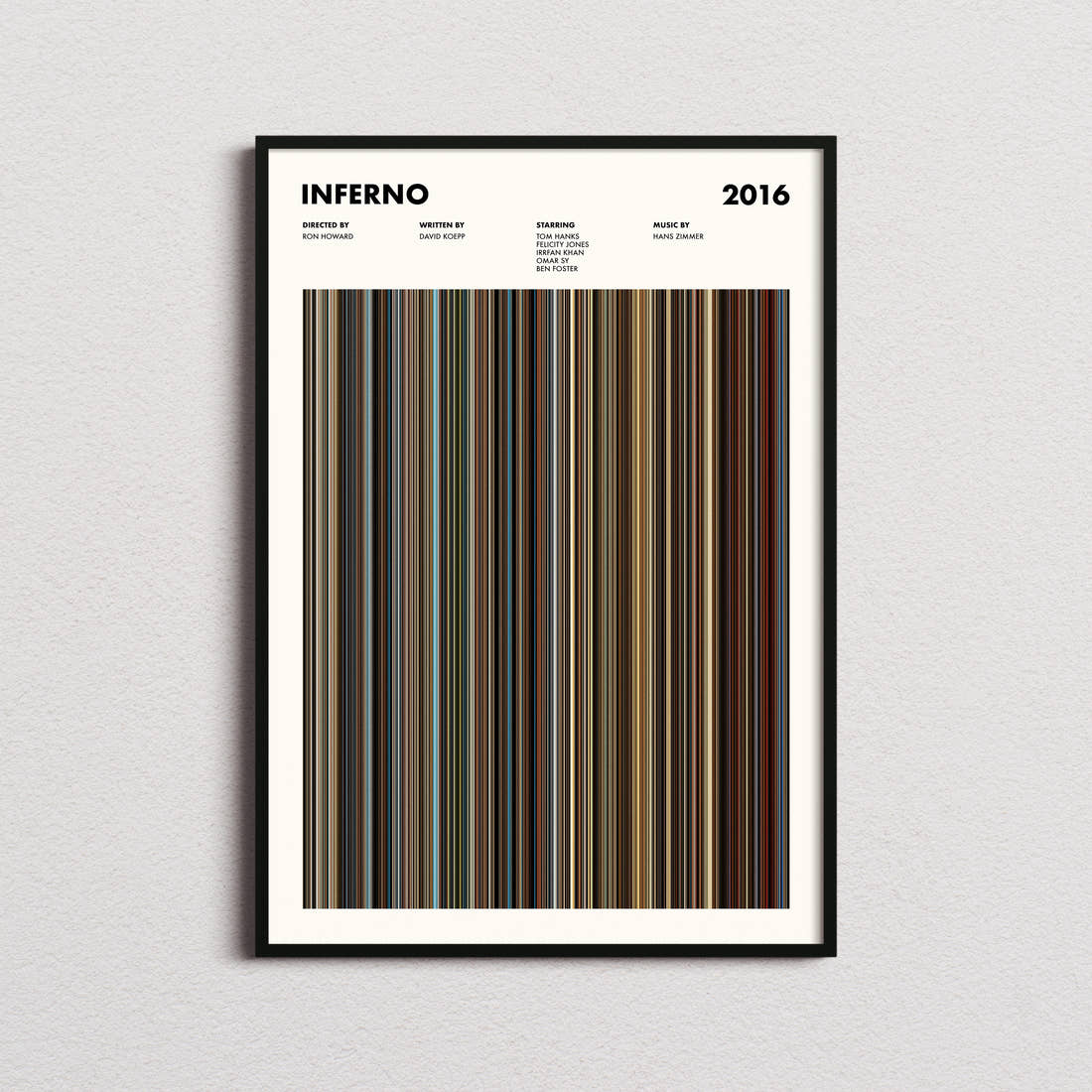 Inferno Movie Barcode Poster framed on a plain studio wall
