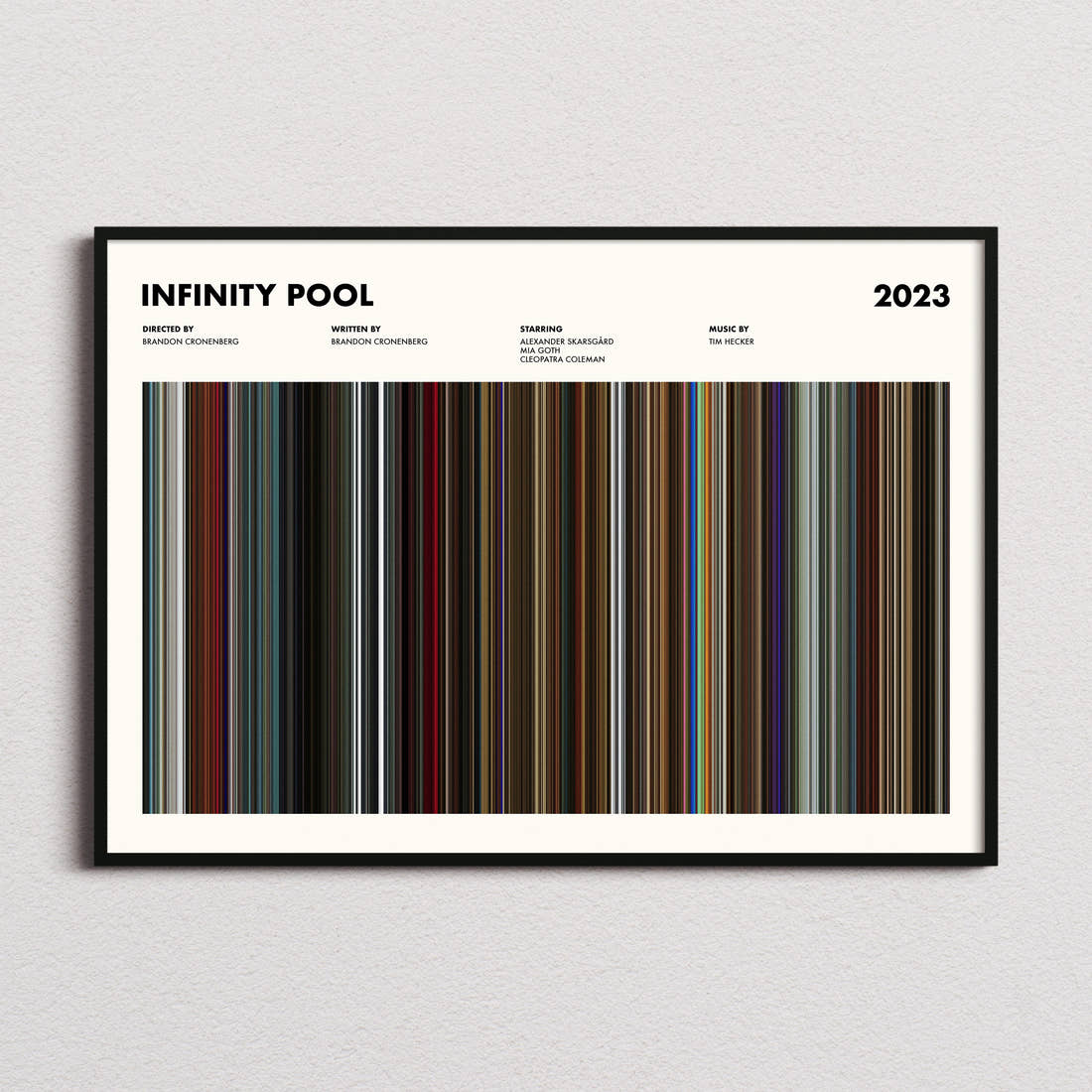 Infinity Pool Movie Barcode Poster framed and photographed straight on