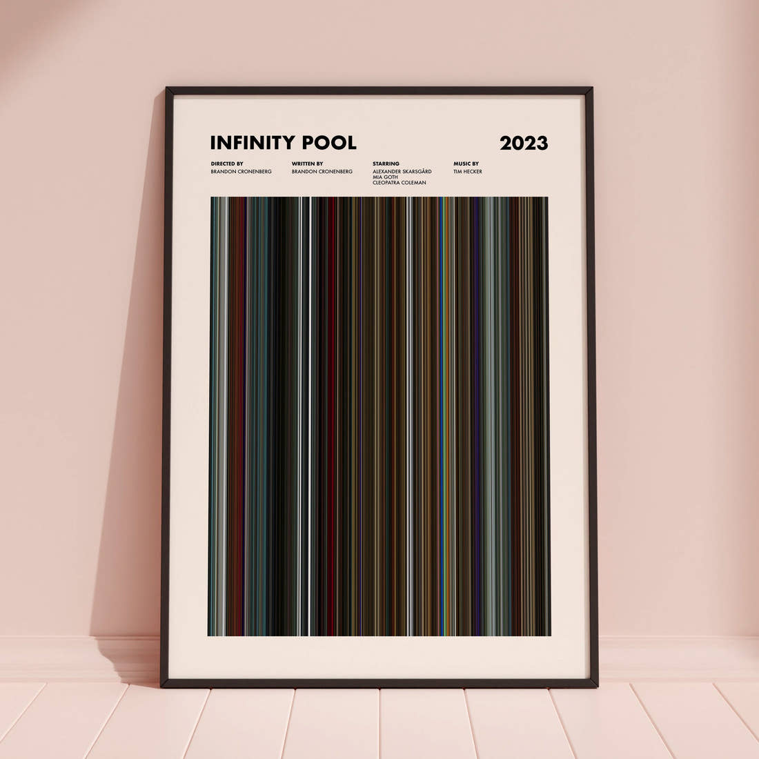 Infinity Pool Movie Barcode Poster framed and leaning against a coloured wall