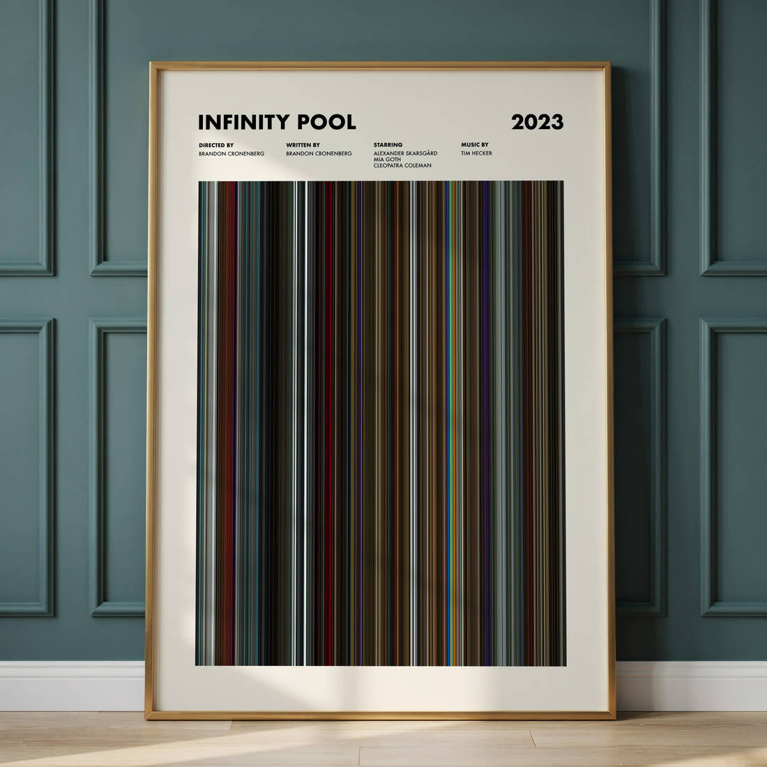 Infinity Pool Movie Barcode Poster framed and leaning against a panelled wall