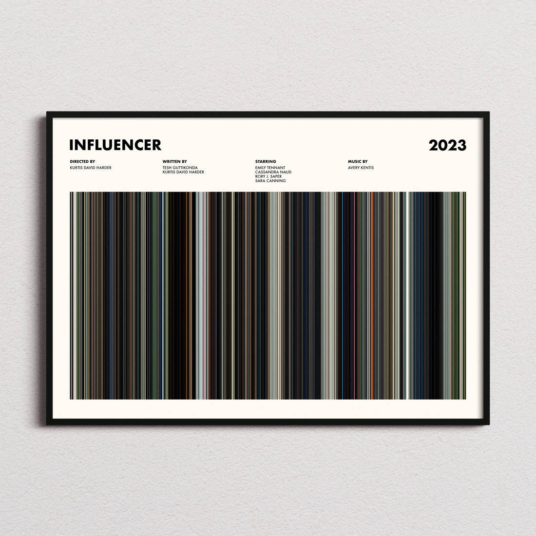 Influencer Movie Barcode Poster framed and photographed straight on