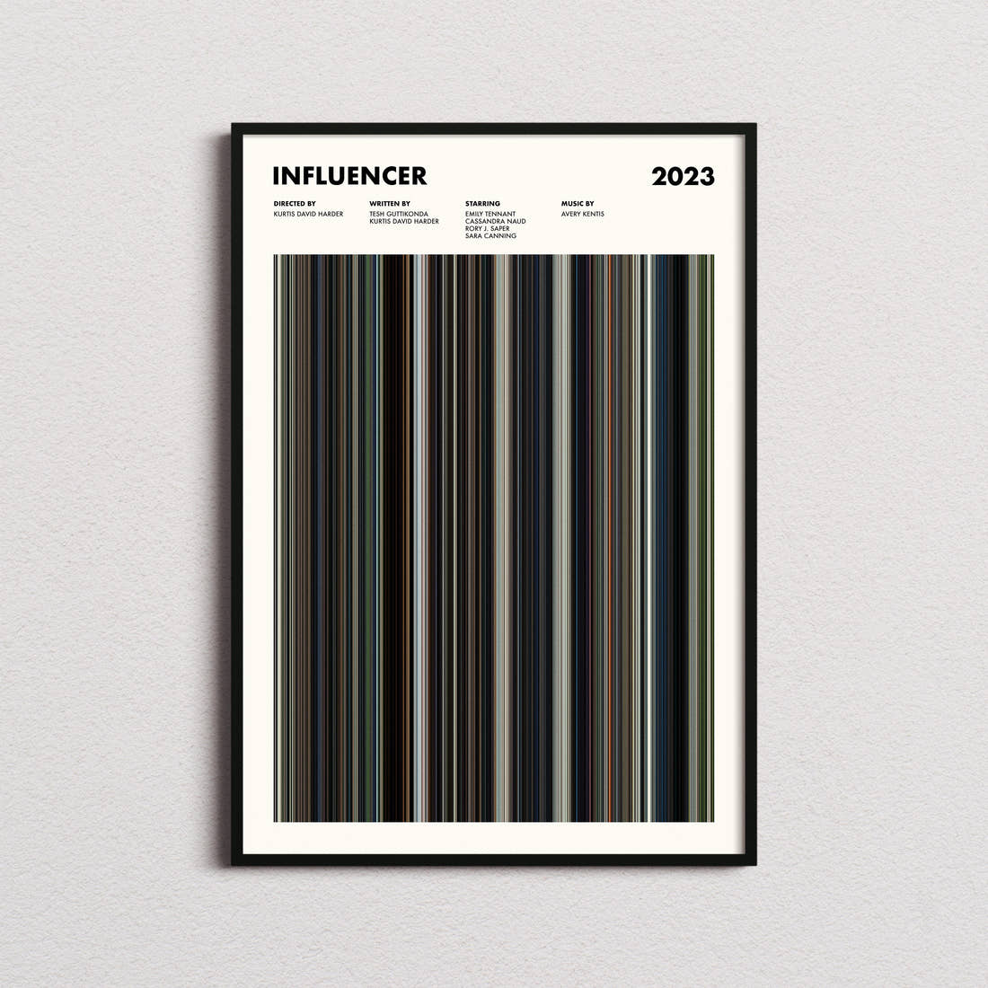 Influencer Movie Barcode Poster framed on a plain studio wall