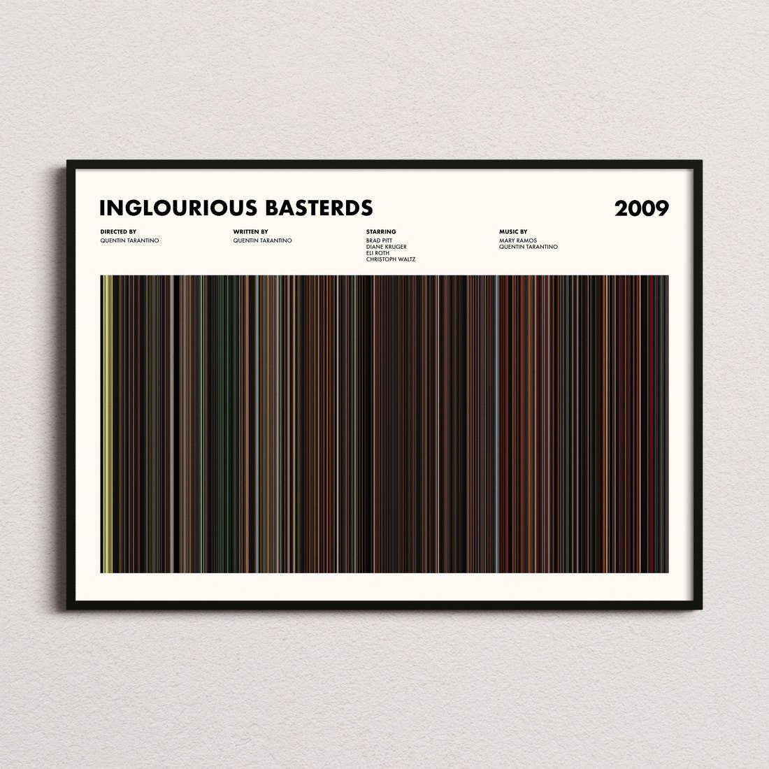 Inglourious Basterds Movie Barcode Poster framed and photographed straight on