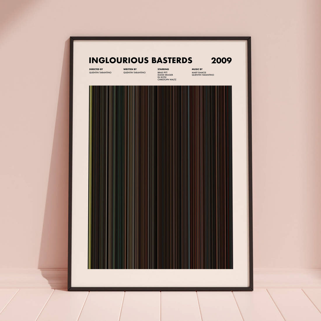 Inglourious Basterds Movie Barcode Poster framed and leaning against a coloured wall