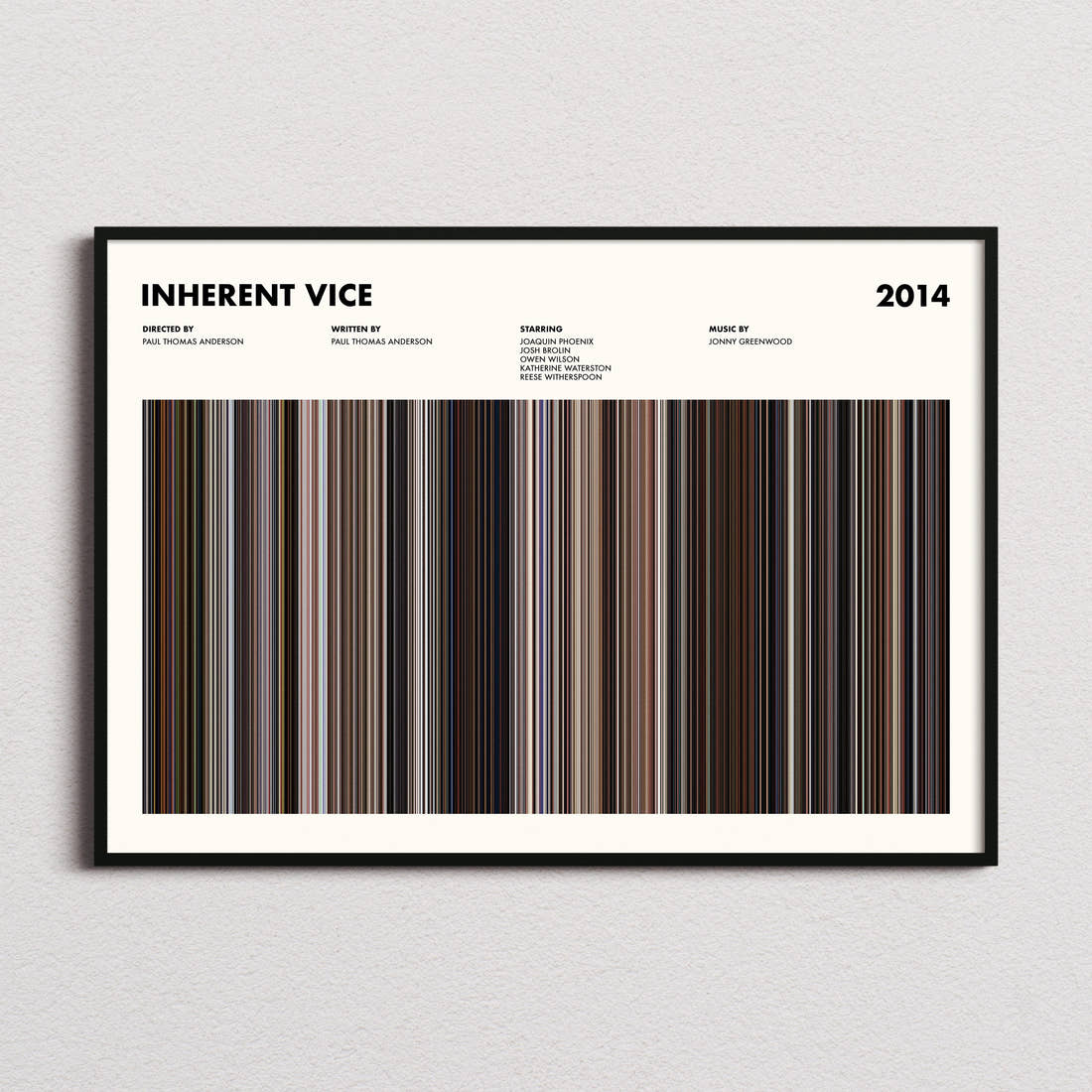Inherent Vice Movie Barcode Poster framed and photographed straight on