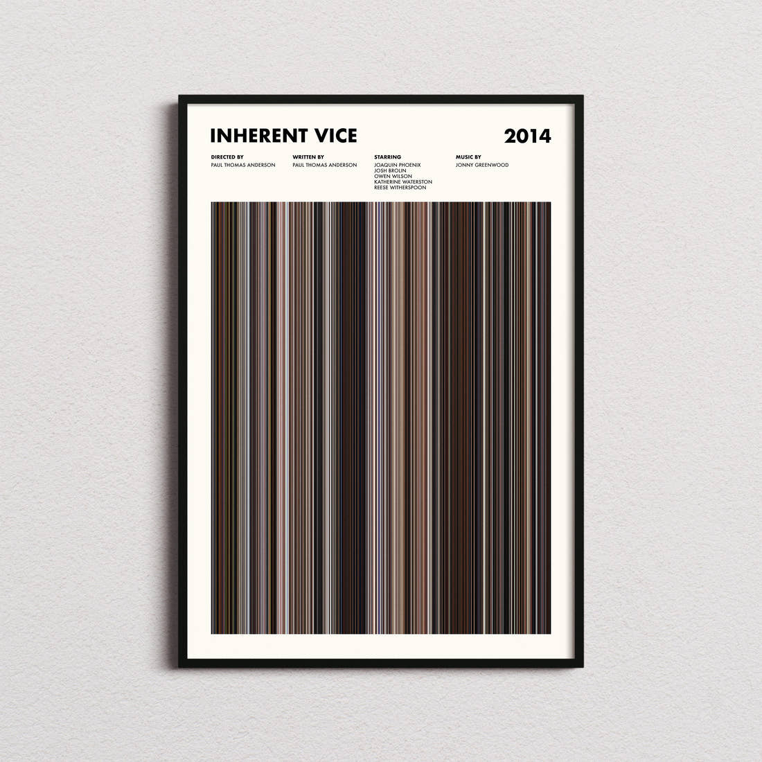 Inherent Vice Movie Barcode Poster framed on a plain studio wall