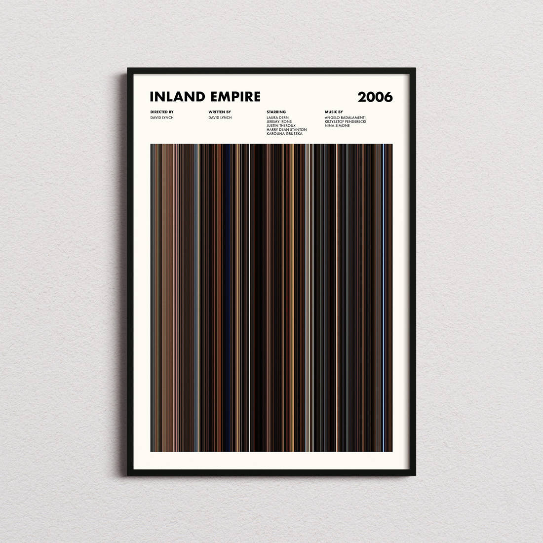 Inland Empire Movie Barcode Poster framed on a plain studio wall