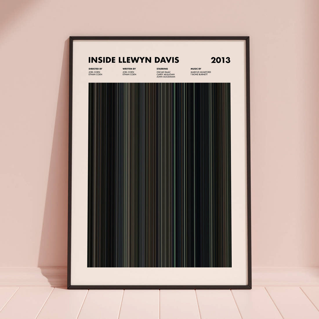 Inside Llewyn Davis Movie Barcode Poster framed and leaning against a coloured wall