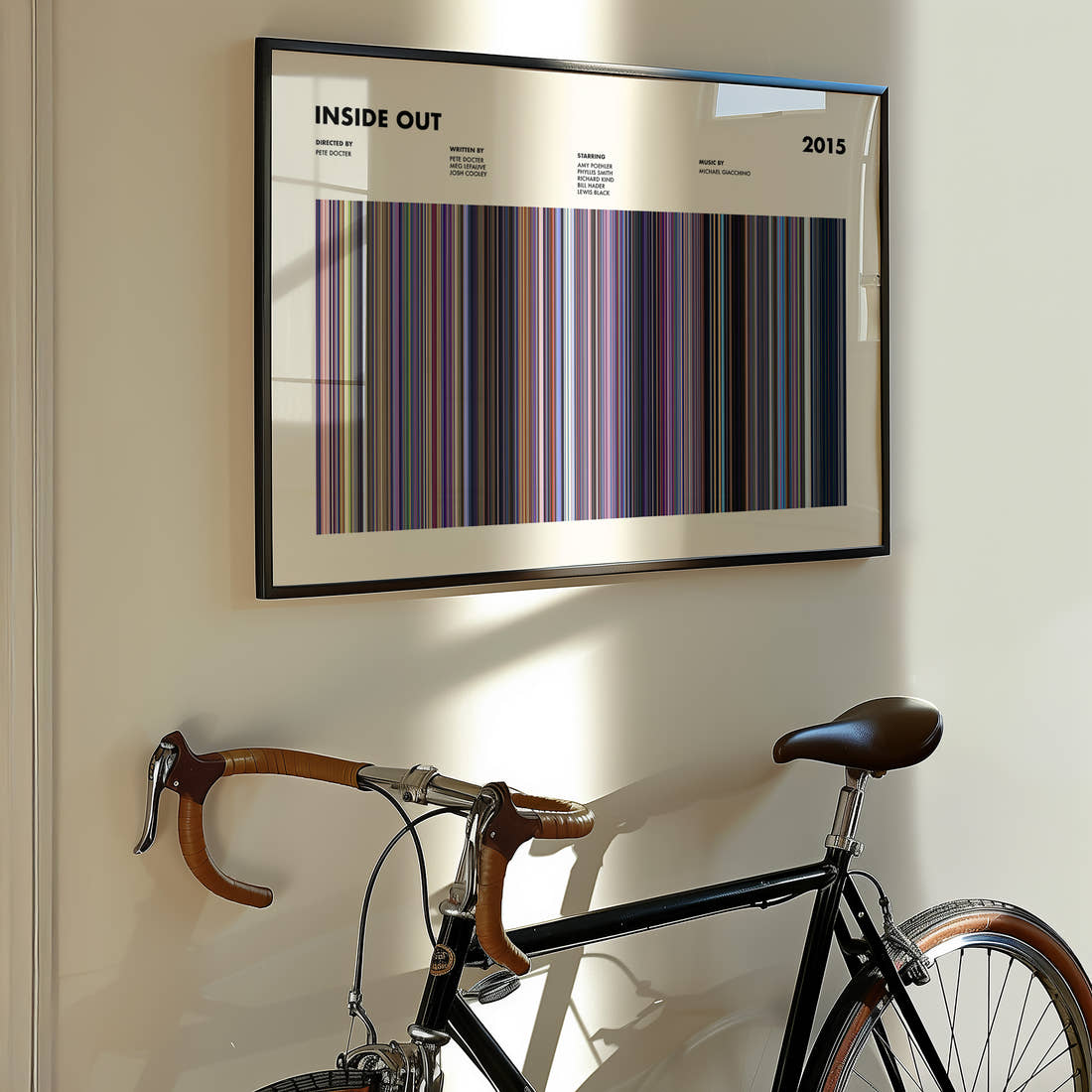 Inside Out Movie Barcode Poster framed on the wall of a styled room setting