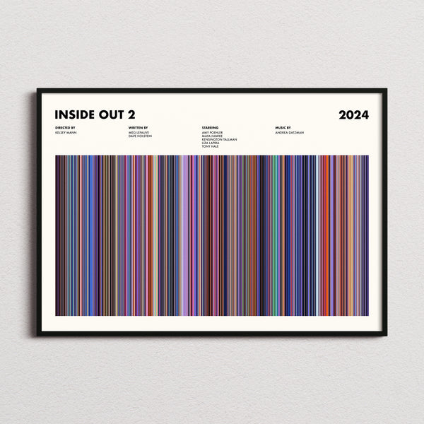 Inside Out 2 Movie Barcode Poster framed and photographed straight on