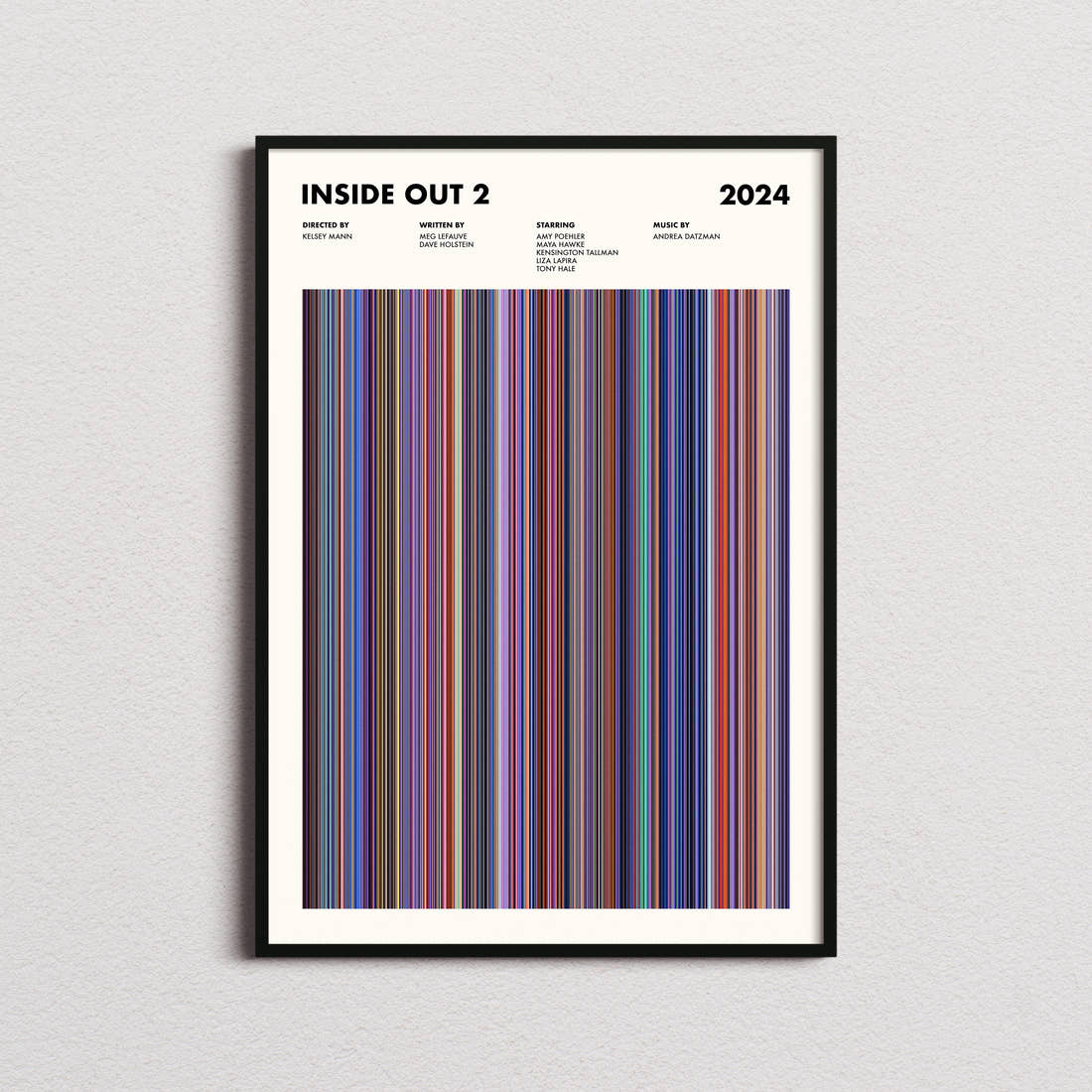 Inside Out 2 Movie Barcode Poster framed on a plain studio wall