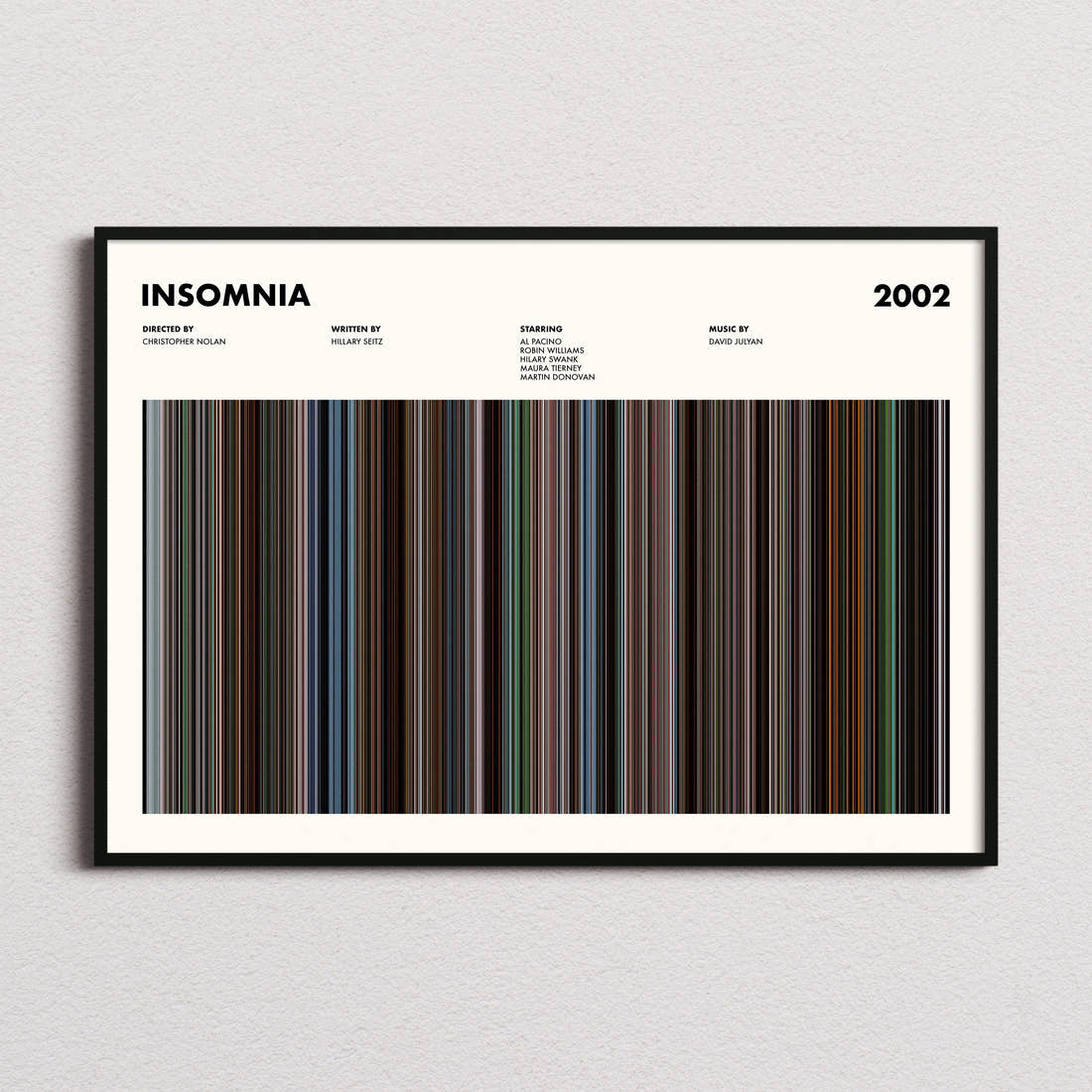 Insomnia Movie Barcode Poster framed and photographed straight on