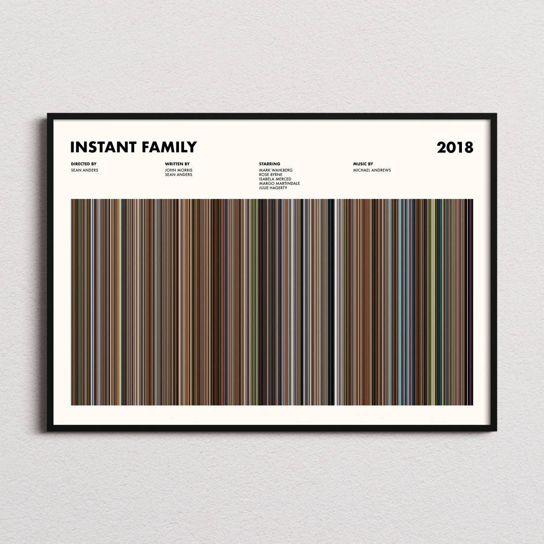 Instant Family Movie Barcode Poster framed and photographed straight on