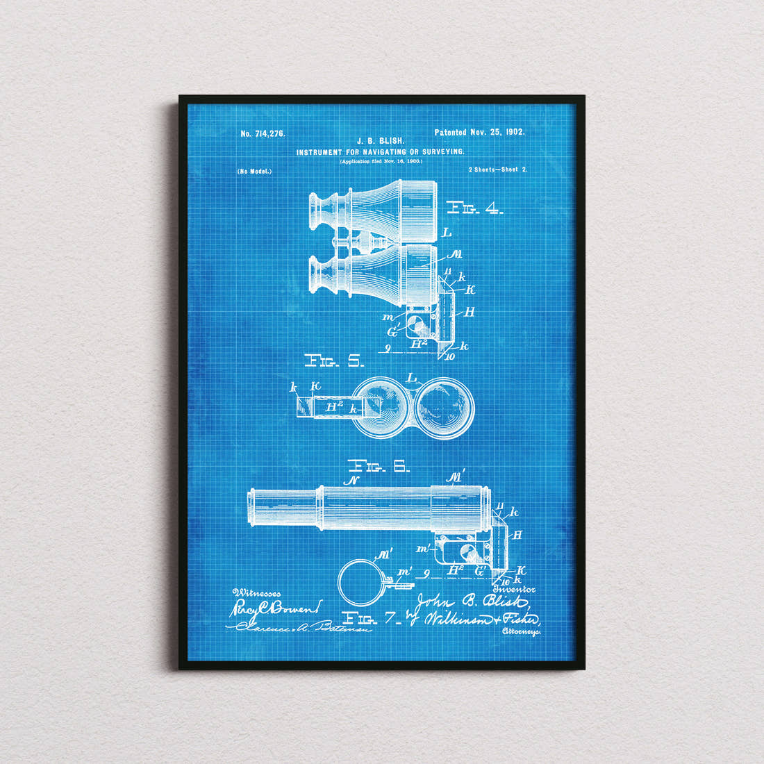 Instrument For Navigating Or Surveying Patent Print in the blueprint colourway, framed