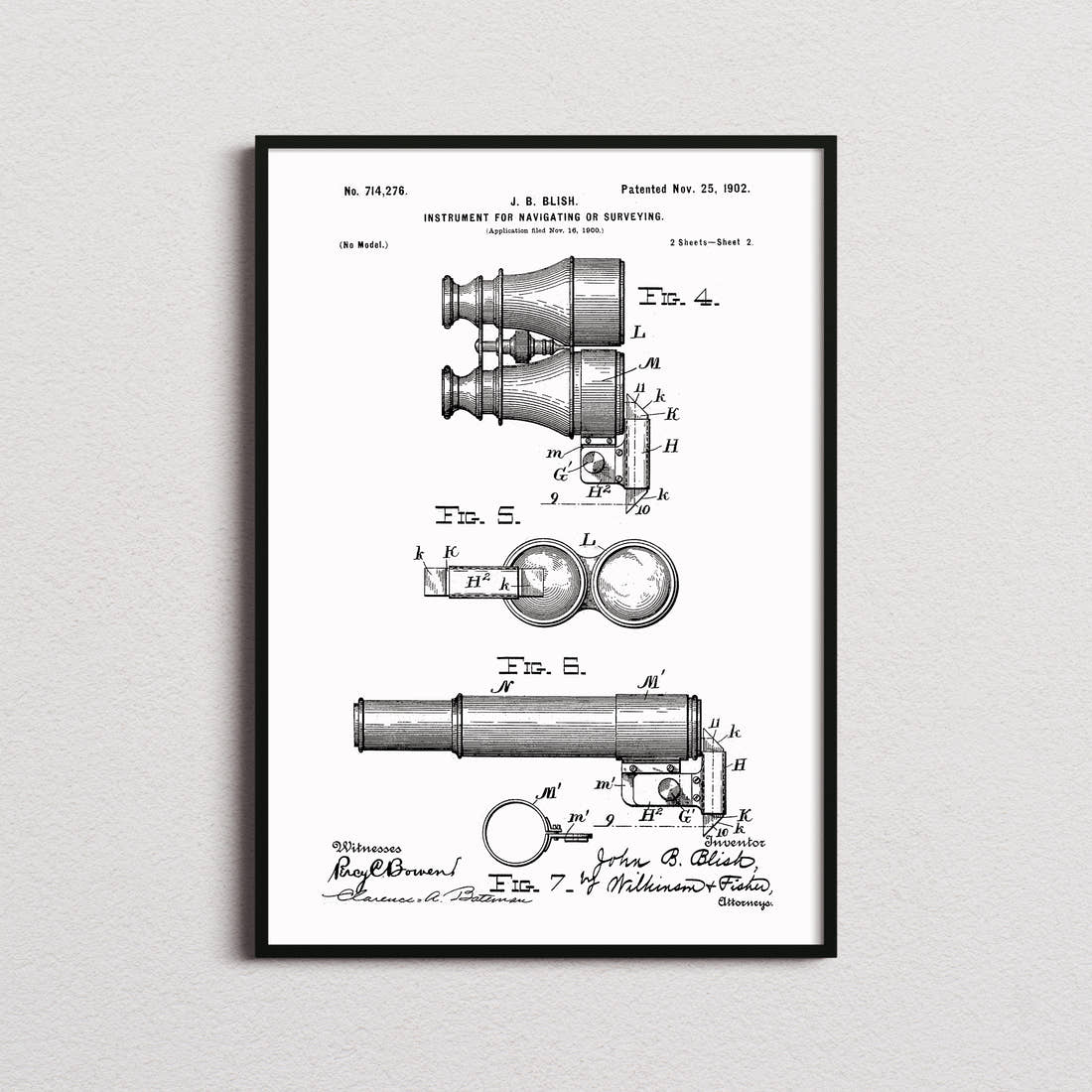Instrument For Navigating Or Surveying Patent Print in the white colourway, framed