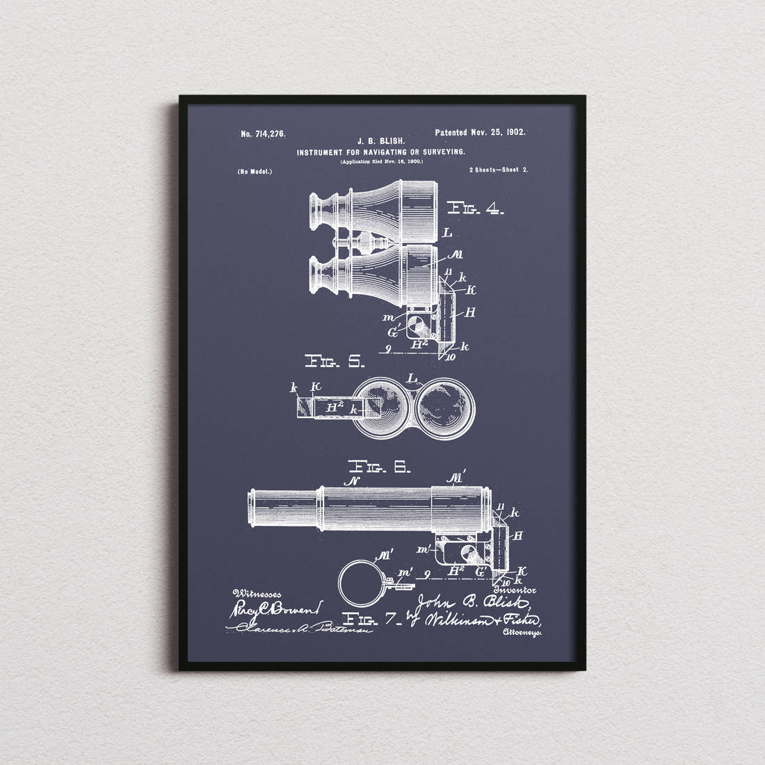 Instrument For Navigating Or Surveying Patent Print in the navy colourway, framed