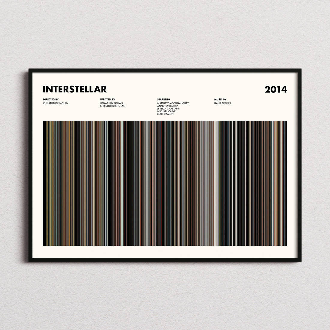 Interstellar Movie Barcode Poster framed and photographed straight on