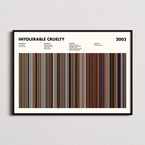 Intolerable Cruelty Movie Barcode Poster framed and photographed straight on
