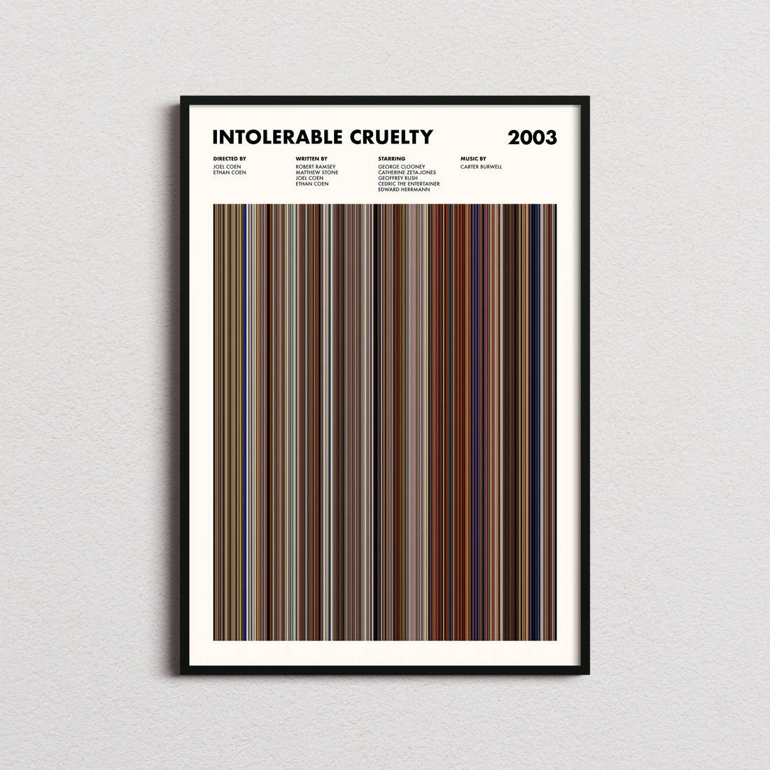 Intolerable Cruelty Movie Barcode Poster framed on a plain studio wall