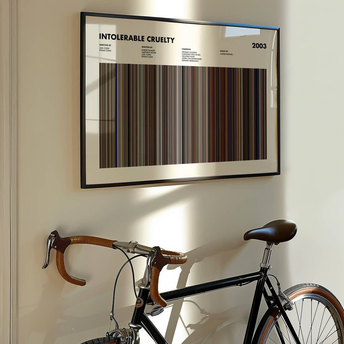 Intolerable Cruelty Movie Barcode Poster framed on the wall of a styled room setting