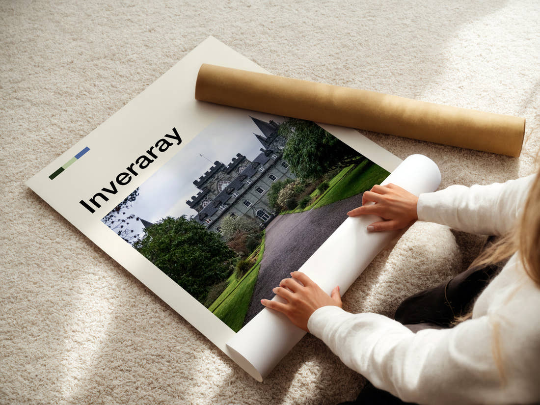 Inveraray Turreted Castle Approach Travel Print being unrolled from its postal tube