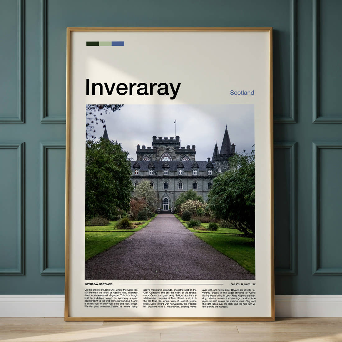 Inveraray Turreted Castle Approach Travel Print framed on the wall of a calm, neutral bedroom