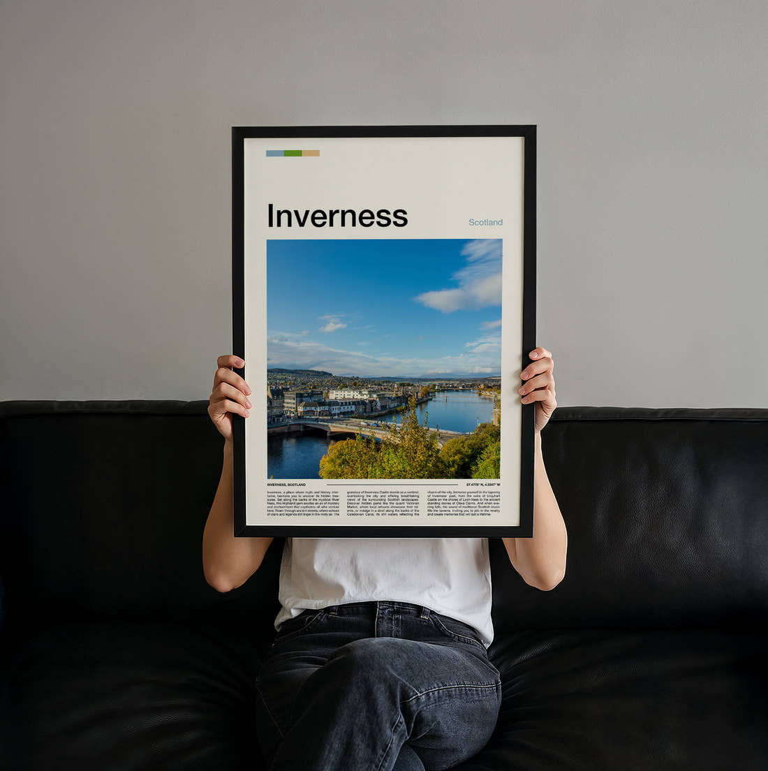 Inverness River Ness And Bridge Travel Print held up by hand to show the size of the print