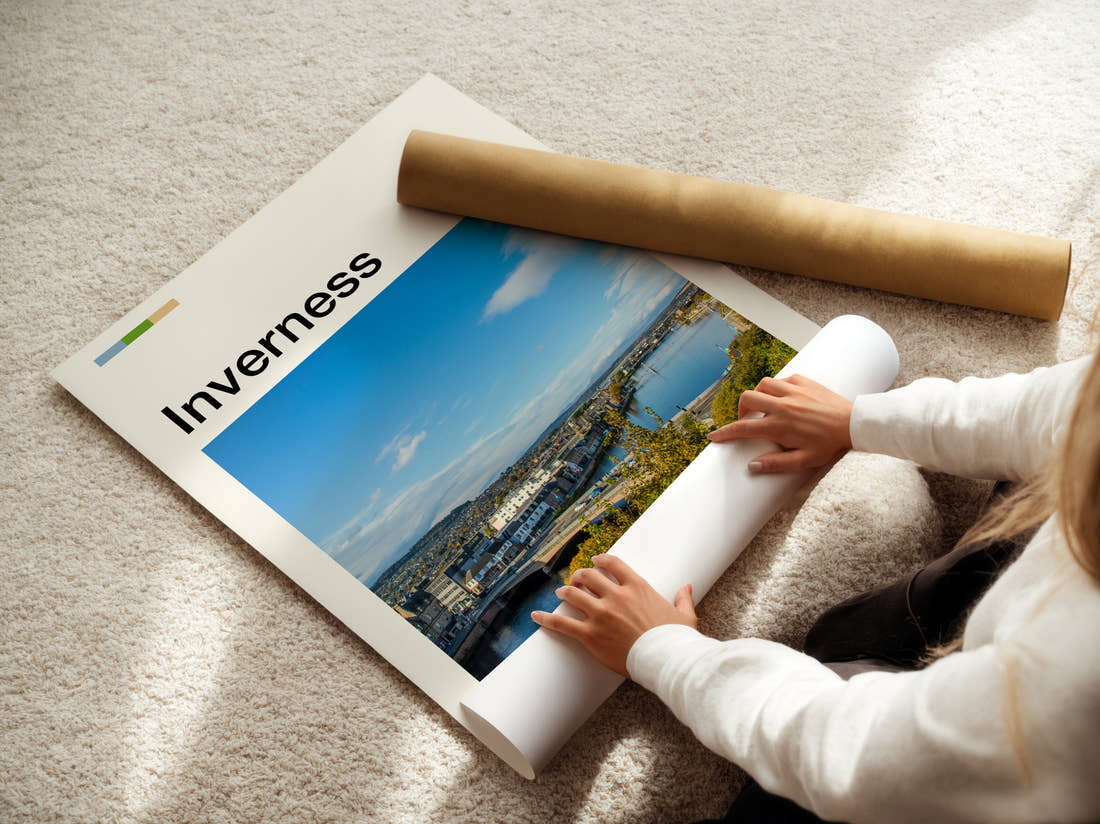 Inverness River Ness And Bridge Travel Print being unrolled from its postal tube