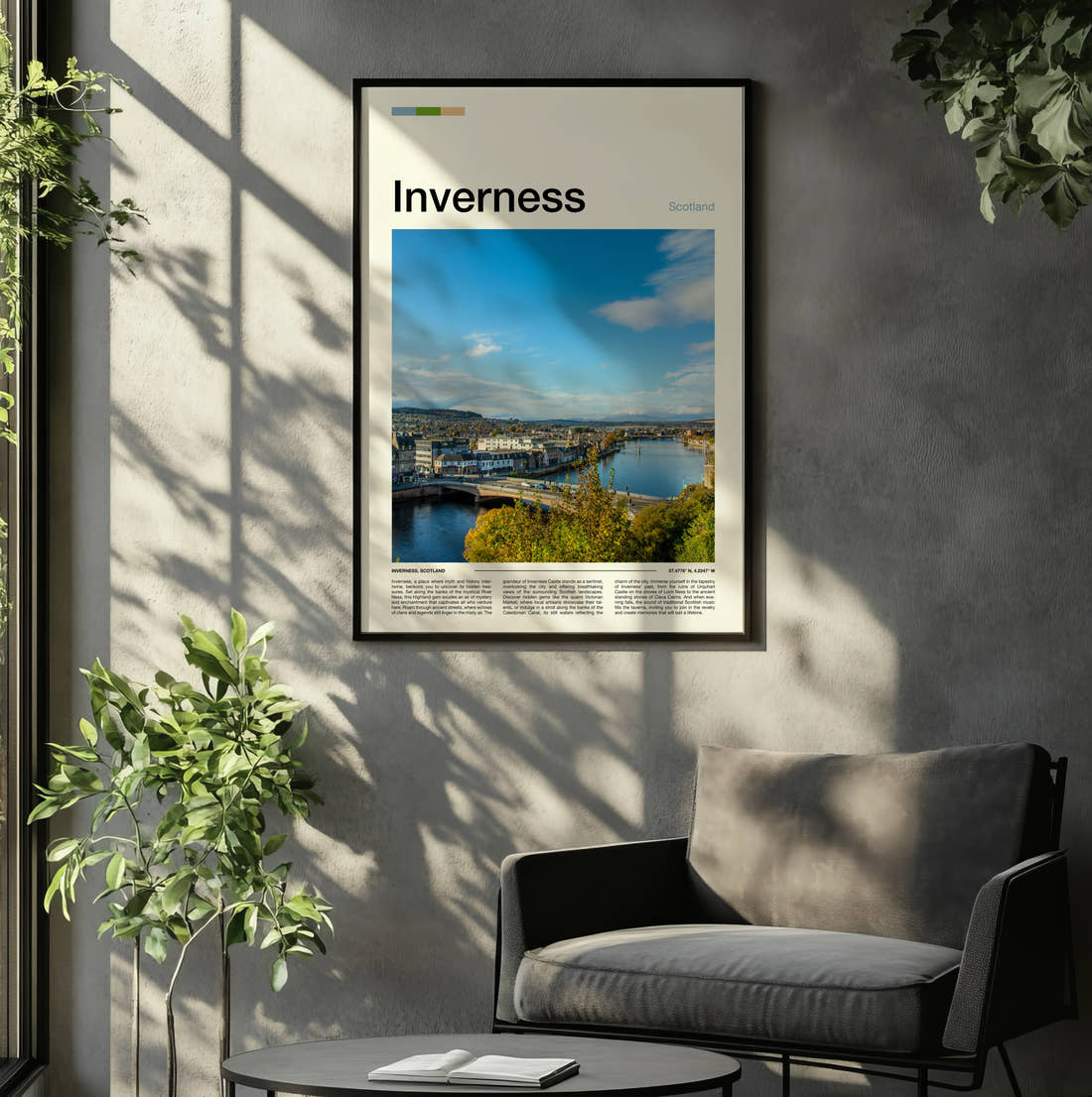 Inverness River Ness And Bridge Travel Print framed on the wall of a relaxed living room