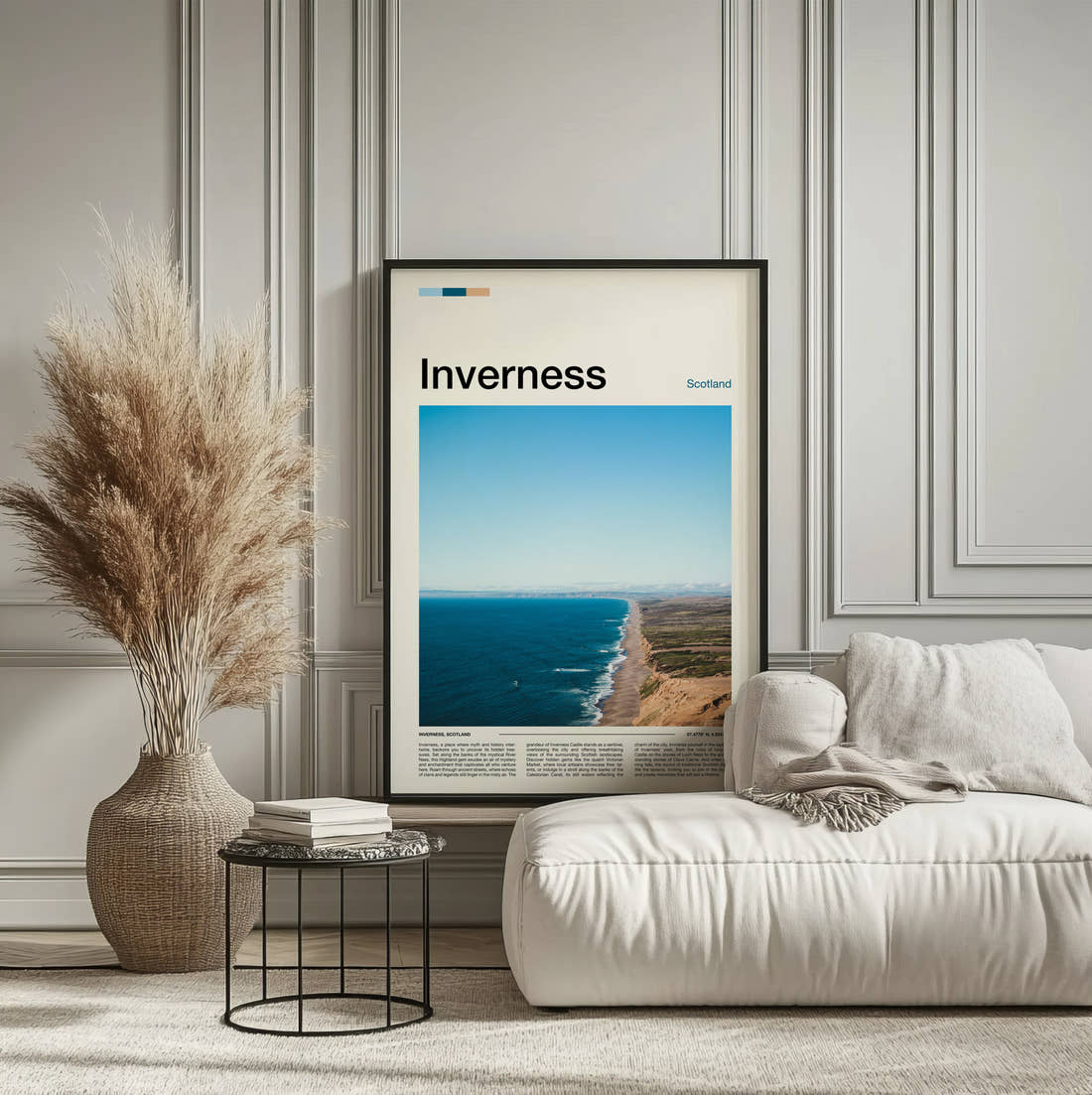 Inverness Sandy Beach And Dunes Travel Print framed on the wall of a calm, neutral bedroom