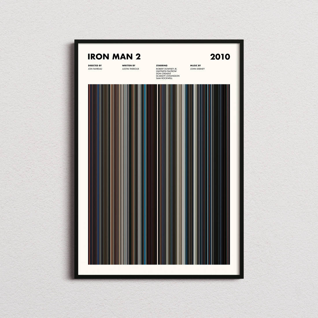 Iron Man 2 Movie Barcode Poster framed on a plain studio wall